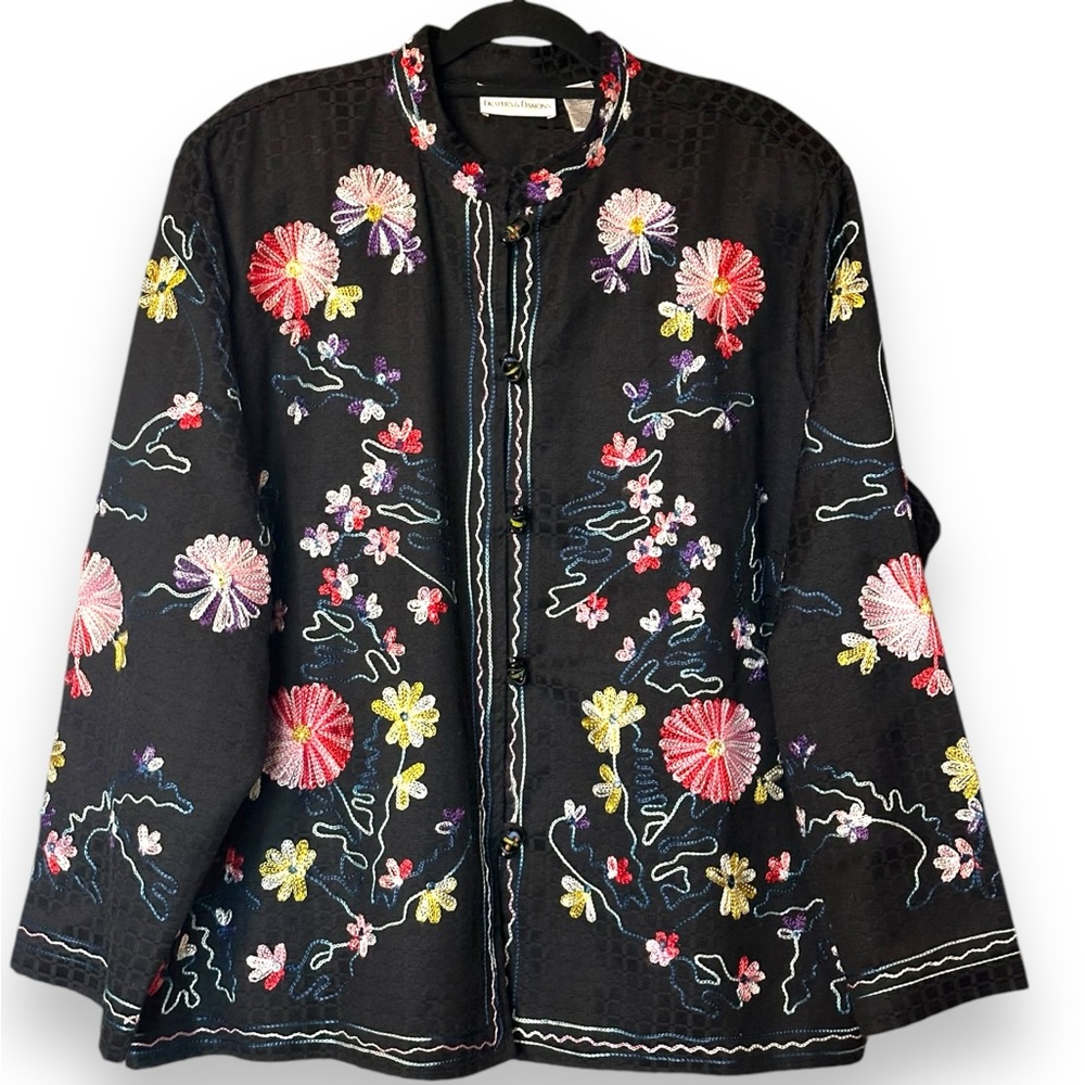 Black and Pink Floral Blazer with Quilted Details